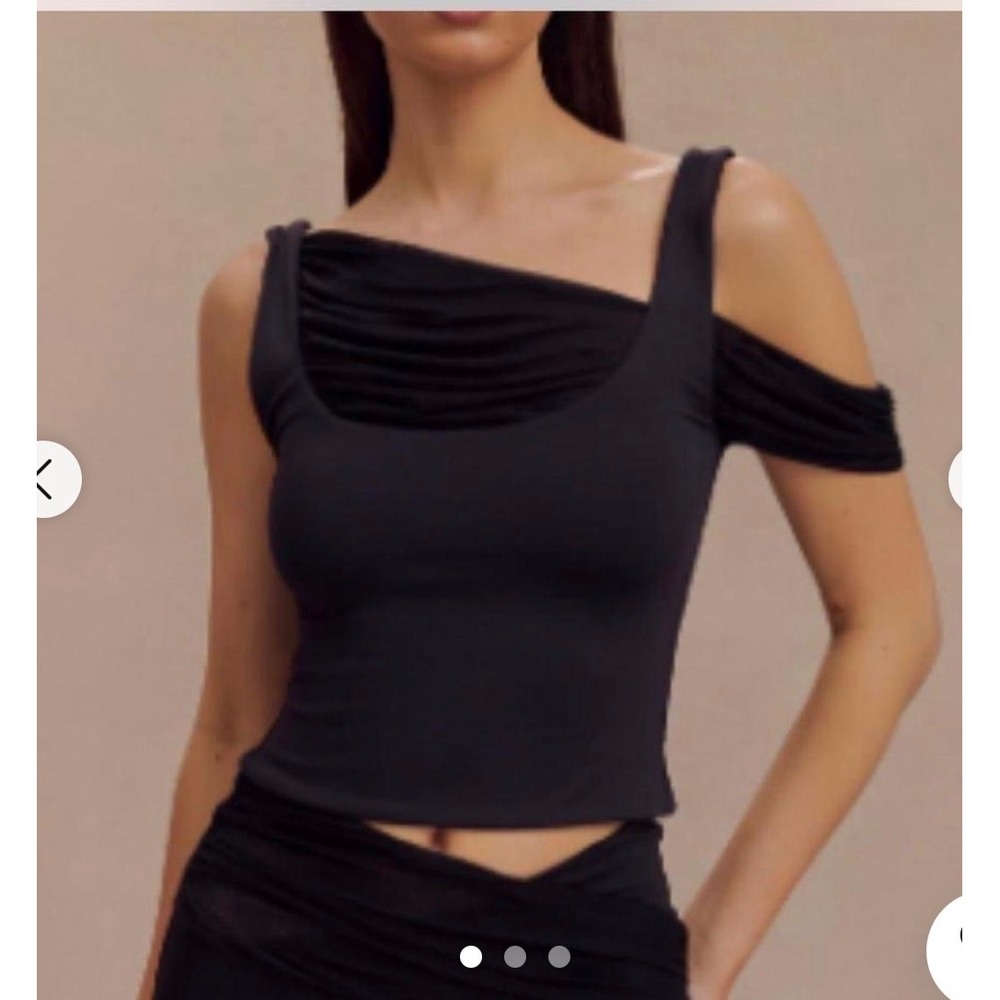 Meshki Black Asymmetrical Mesh Draped Off Shoulder Crop Top Large TP08297KD4